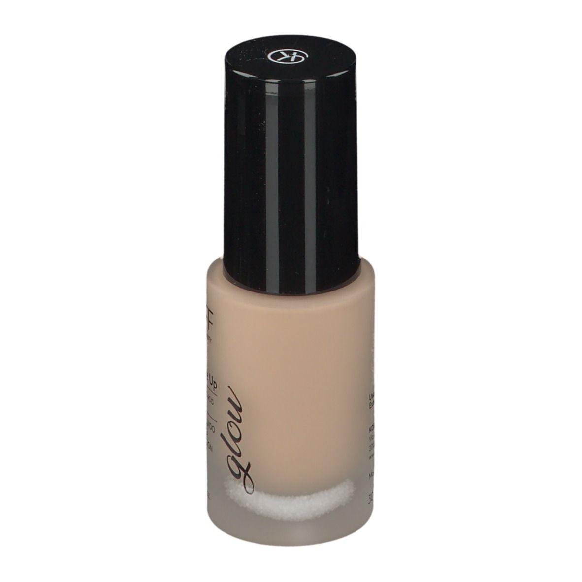 Fond de teint KORFF Cure Make Up, flacon avec bouchon noir. Inscription: Glow, Cure Make Up, 50 ml.