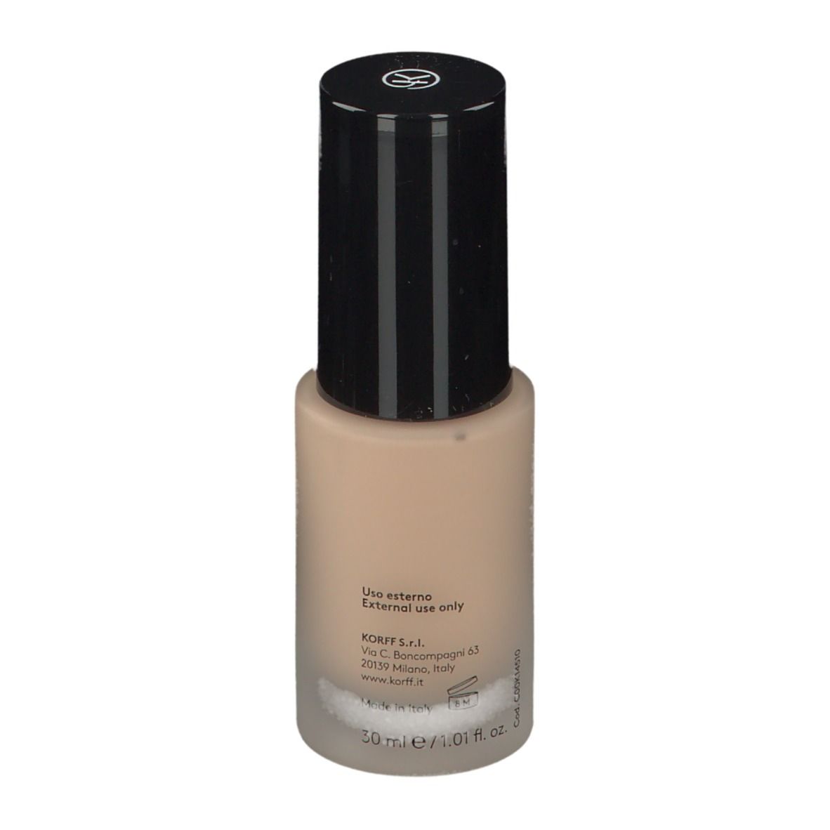 Fond de teint KORFF Cure Make Up, flacon avec bouchon noir. Inscription: Glow, Cure Make Up, 50 ml.