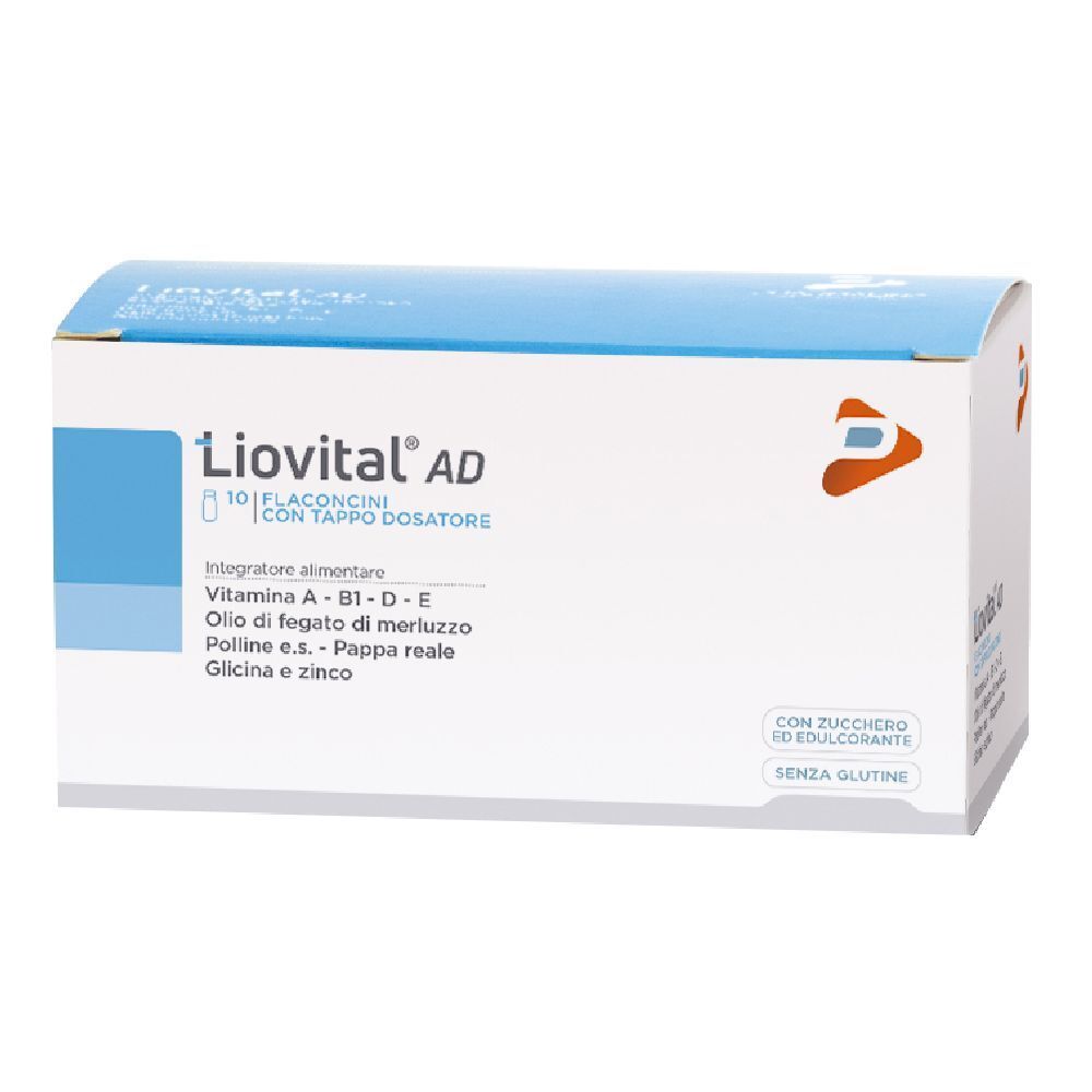 Confezione di Liovital AD Flaconcini. Contiene 10 flaconcini con tappo dosatore. Contiene Vitamina A, B1, D, E, olio di fegato di merluzzo, pappa reale, glicina e zinco.