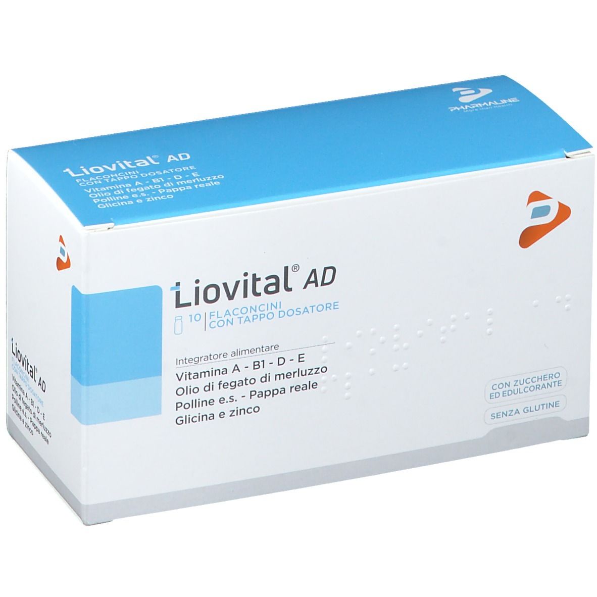 Confezione di Liovital AD Flaconcini. Contiene 10 flaconcini con tappo dosatore. Contiene Vitamina A, B1, D, E, olio di fegato di merluzzo, pappa reale, glicina e zinco.