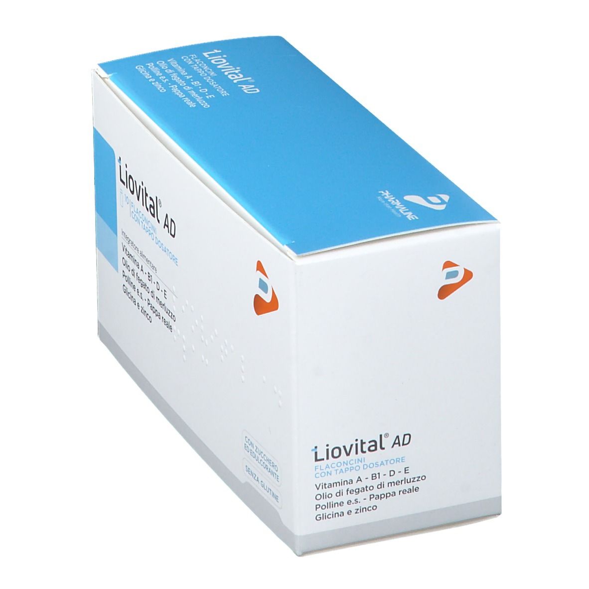 Confezione di Liovital AD Flaconcini. Contiene 10 flaconcini con tappo dosatore. Contiene Vitamina A, B1, D, E, olio di fegato di merluzzo, pappa reale, glicina e zinco.