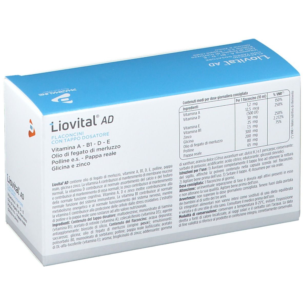 Confezione di Liovital AD Flaconcini. Contiene 10 flaconcini con tappo dosatore. Contiene Vitamina A, B1, D, E, olio di fegato di merluzzo, pappa reale, glicina e zinco.