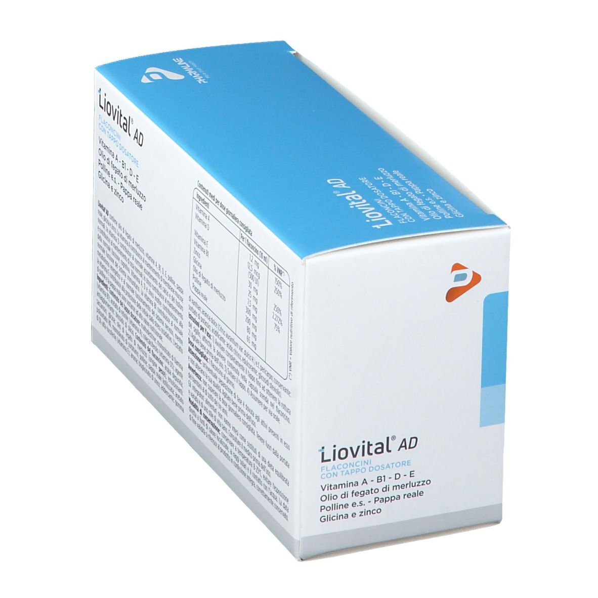 Confezione di Liovital AD Flaconcini. Contiene 10 flaconcini con tappo dosatore. Contiene Vitamina A, B1, D, E, olio di fegato di merluzzo, pappa reale, glicina e zinco.