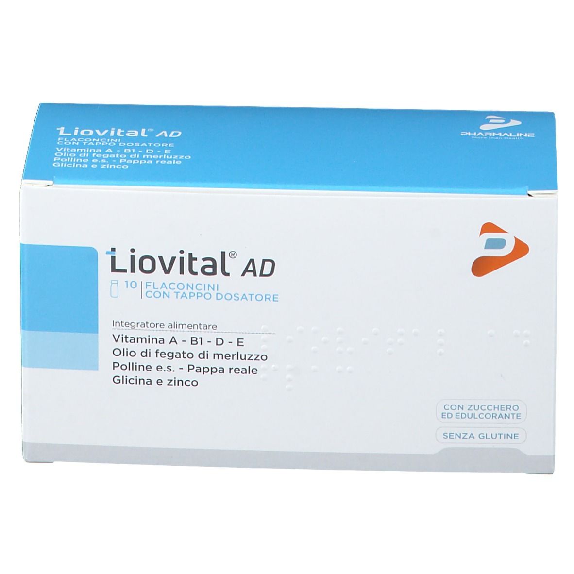 Confezione di Liovital AD Flaconcini. Contiene 10 flaconcini con tappo dosatore. Contiene Vitamina A, B1, D, E, olio di fegato di merluzzo, pappa reale, glicina e zinco.