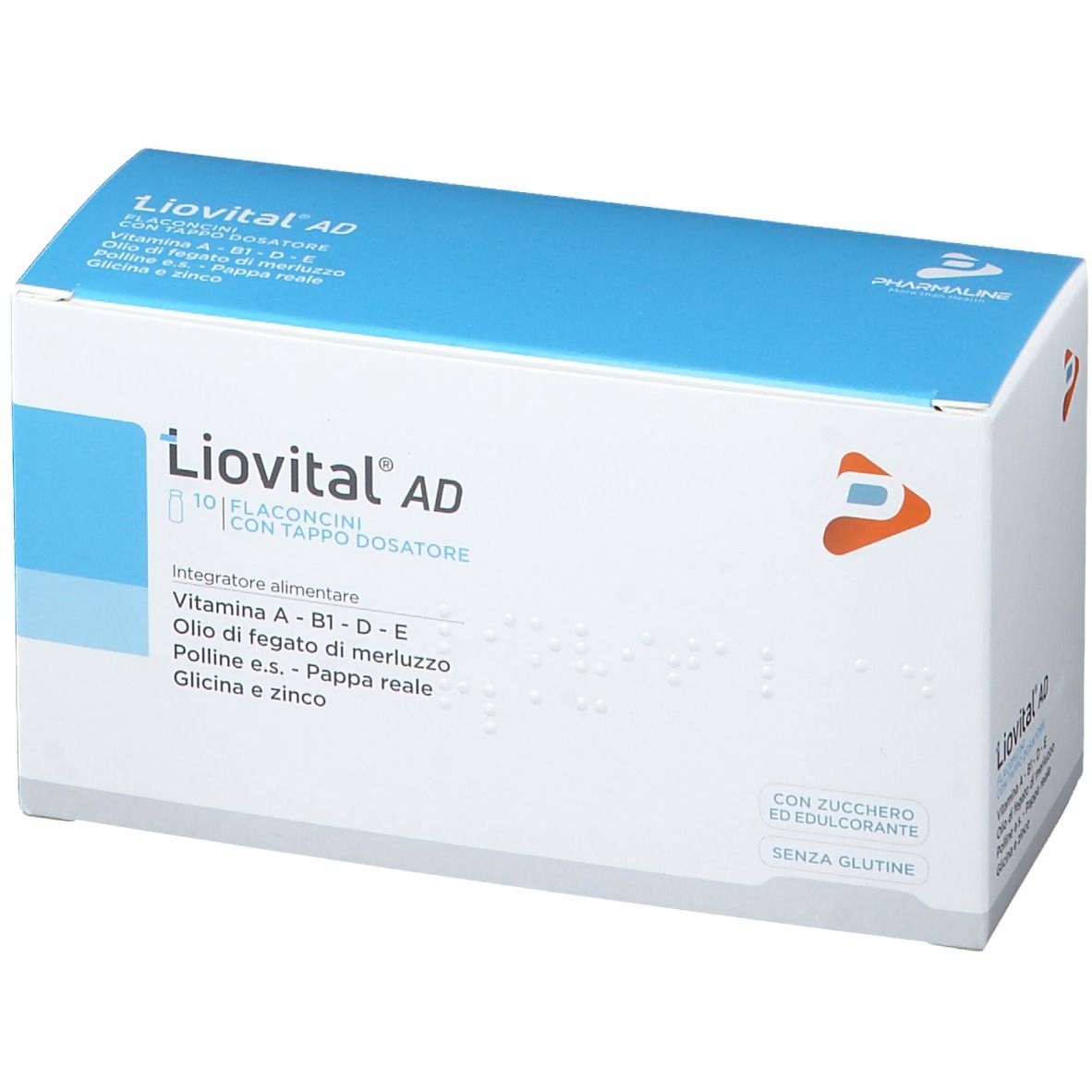 Confezione di Liovital AD Flaconcini. Contiene 10 flaconcini con tappo dosatore. Contiene Vitamina A, B1, D, E, olio di fegato di merluzzo, pappa reale, glicina e zinco.