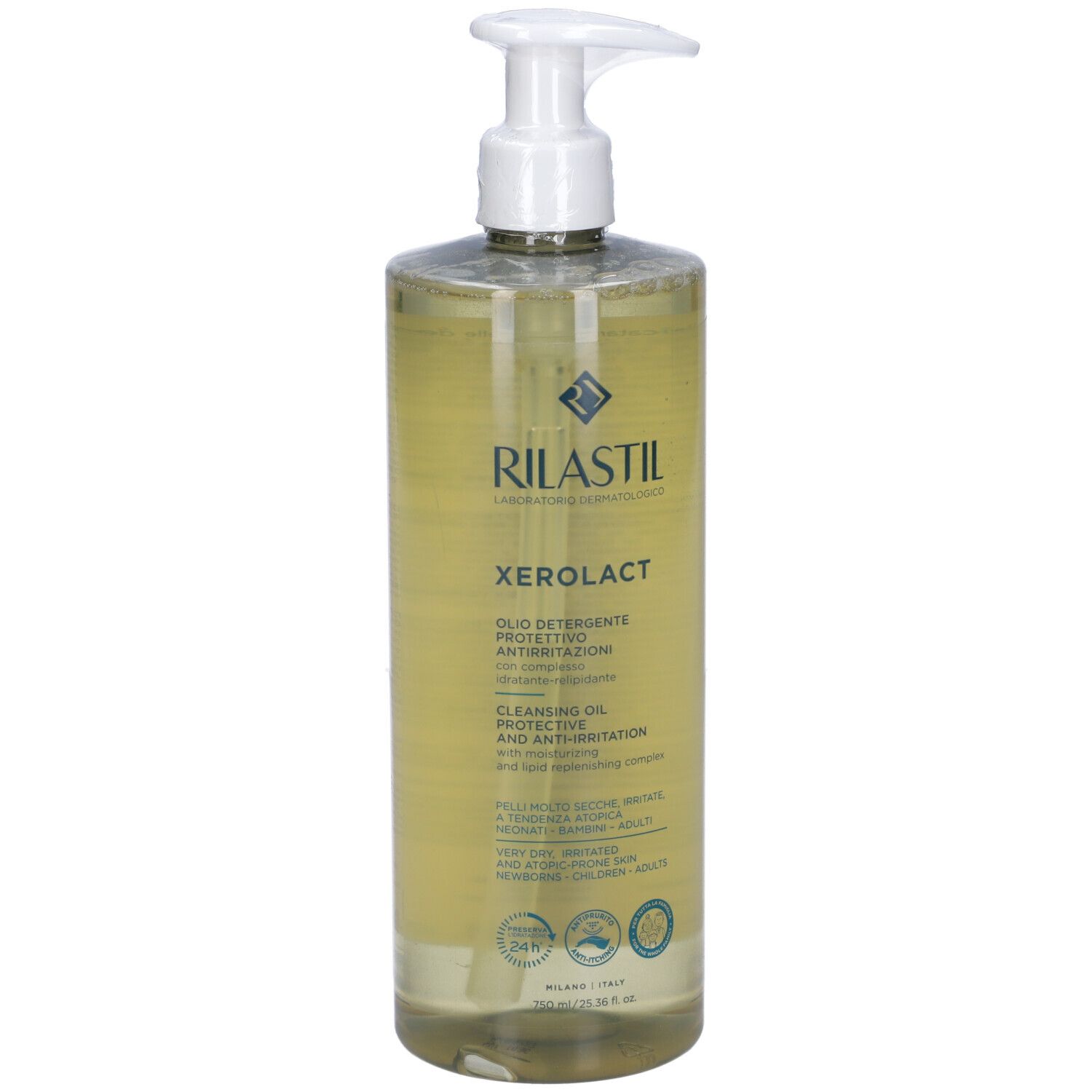 RILASTIL Xerolact Olio detergente. Flacone trasparente con dosatore bianco. Scritte e loghi sull'etichetta.
