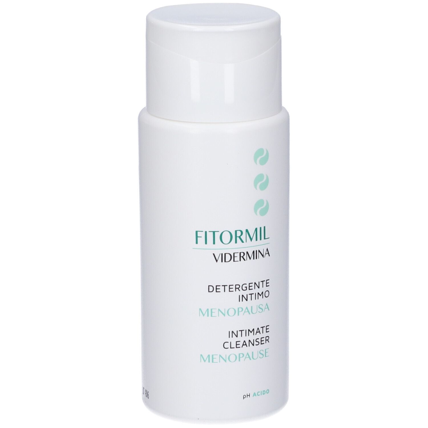 Weißes Fläschchen mit Klappverschluss. Aufschrift: FITORMIL, VIDERMINA, DETERGENTE INTIMO MENOPAUSA, INTIMATE CLEANSER MENOPAUSE.