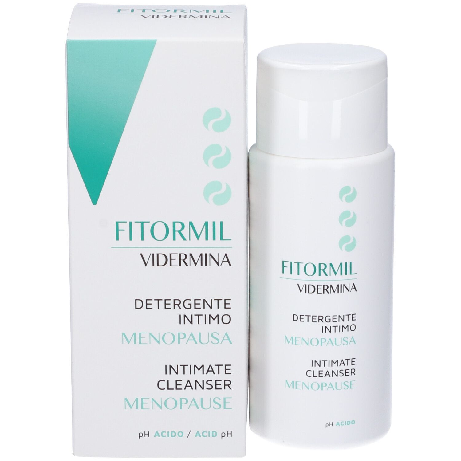 Produktverpackung mit Fläschchen. Aufschrift: FITORMIL, VIDERMINA, DETERGENTE INTIMO MENOPAUSA, INTIMATE CLEANSER MENOPAUSE.