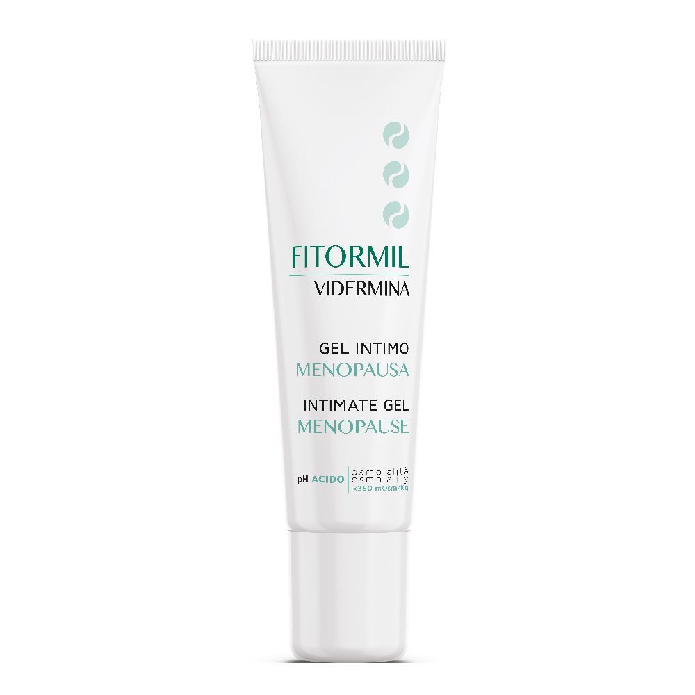 Weißes Tuben-Gel mit grüner Schrift: FITORMIL VIDERMINA, Gel Intimo Menopausa, Intimate Gel Menopause. pH-Wert.