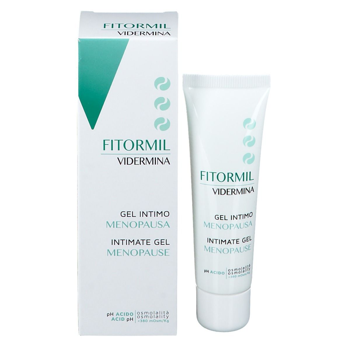 Produktverpackung: Tube und Schachtel. FITORMIL VIDERMINA, Gel Intimo Menopausa, Intimate Gel Menopause. pH-Wert.