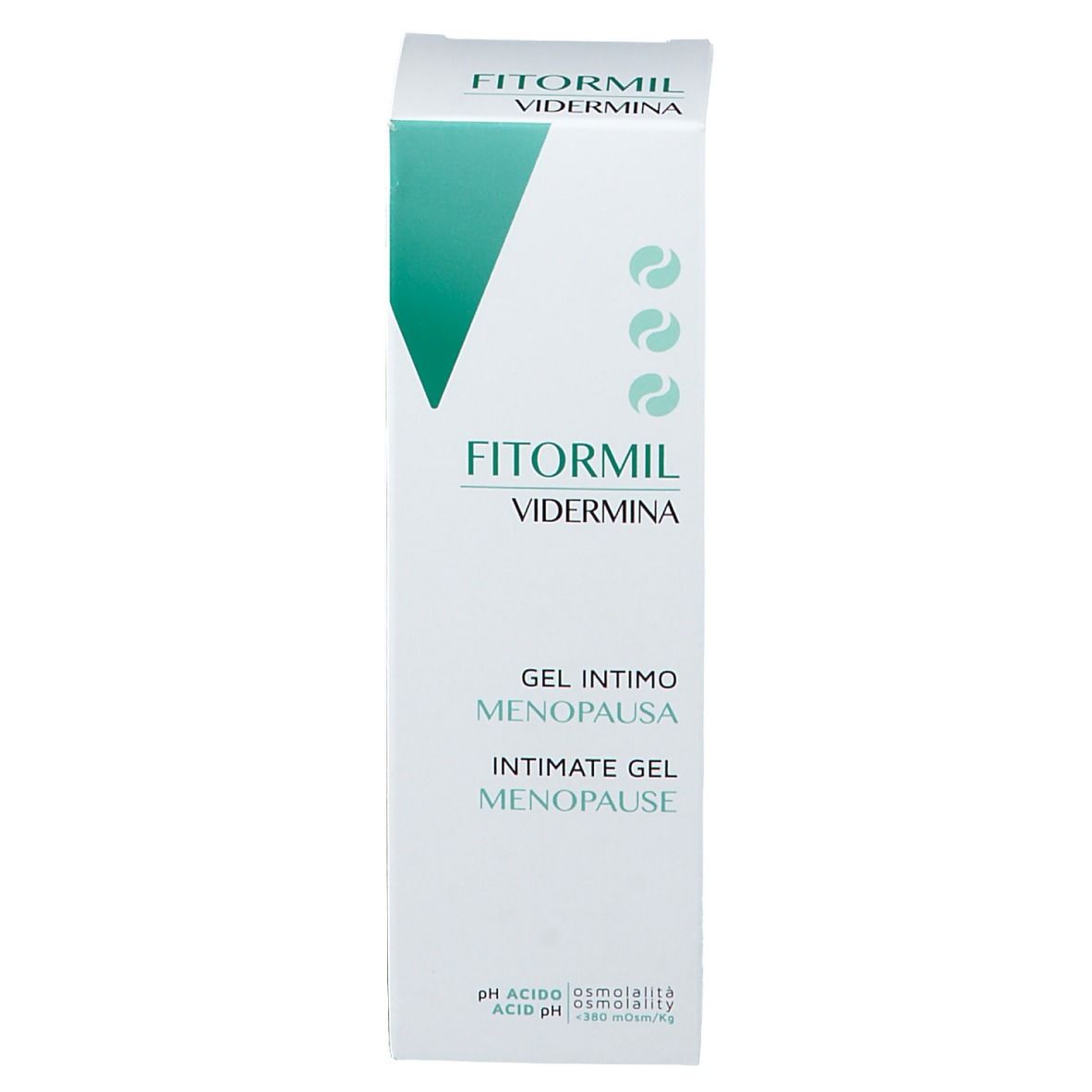 Schachtel mit grüner Grafik und Text: FITORMIL VIDERMINA, Gel Intimo Menopausa, Intimate Gel Menopause. pH-Wert.