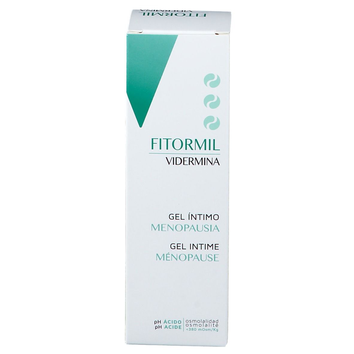 Schachtel mit grüner Grafik und Text: FITORMIL VIDERMINA, Gel Intimo Menopausa, Intimate Gel Menopause. pH-Wert.