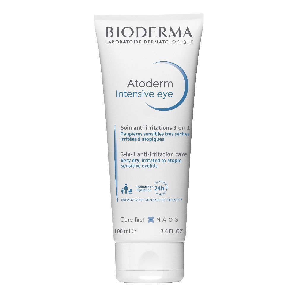 Tubo bianco BIODERMA Atoderm Intensive eye. Scritta e grafica blu. Trattamento 3-in-1 per palpebre sensibili.