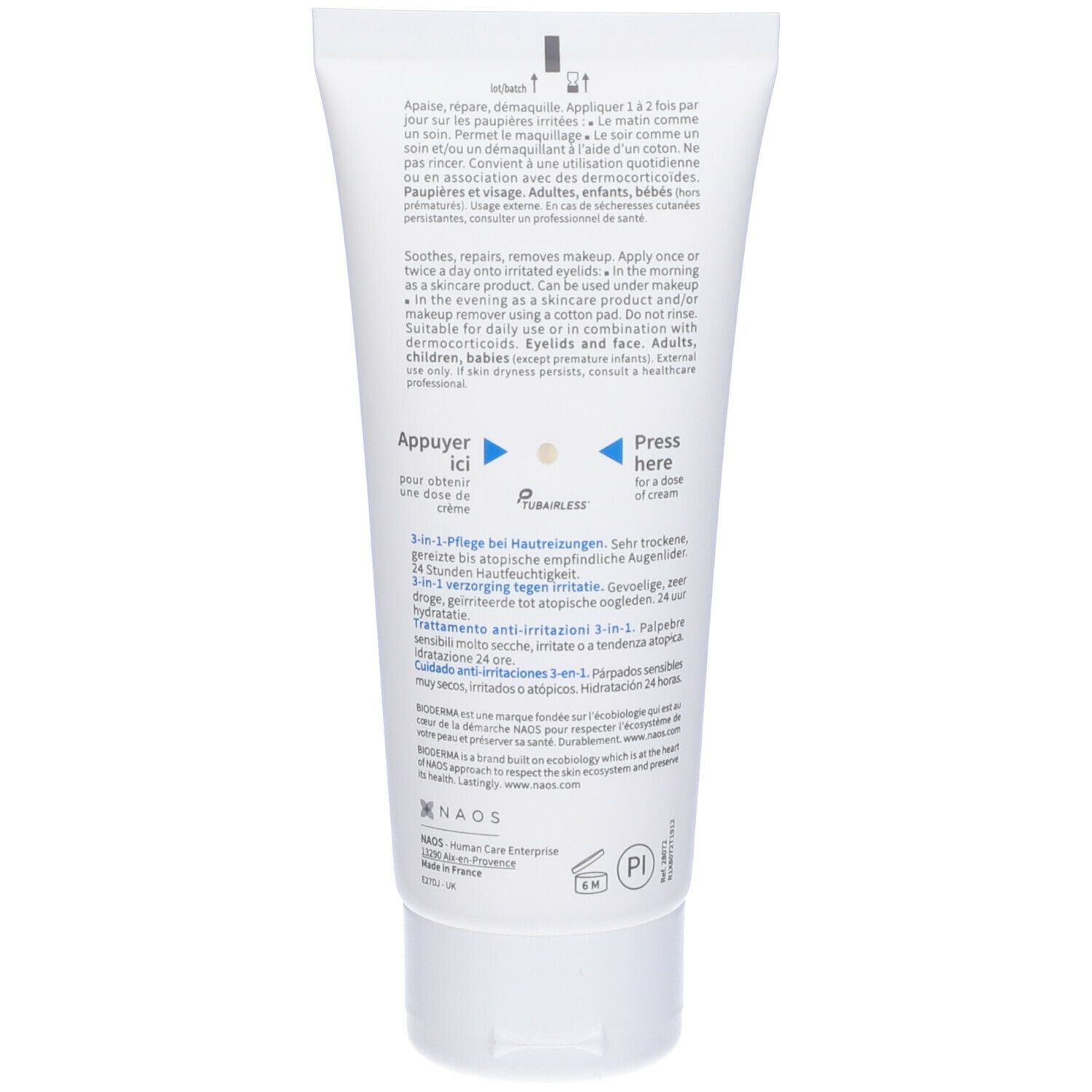 Retro del tubo bianco BIODERMA Atoderm Intensive eye. Testo multilingue. Istruzioni e ingredienti.