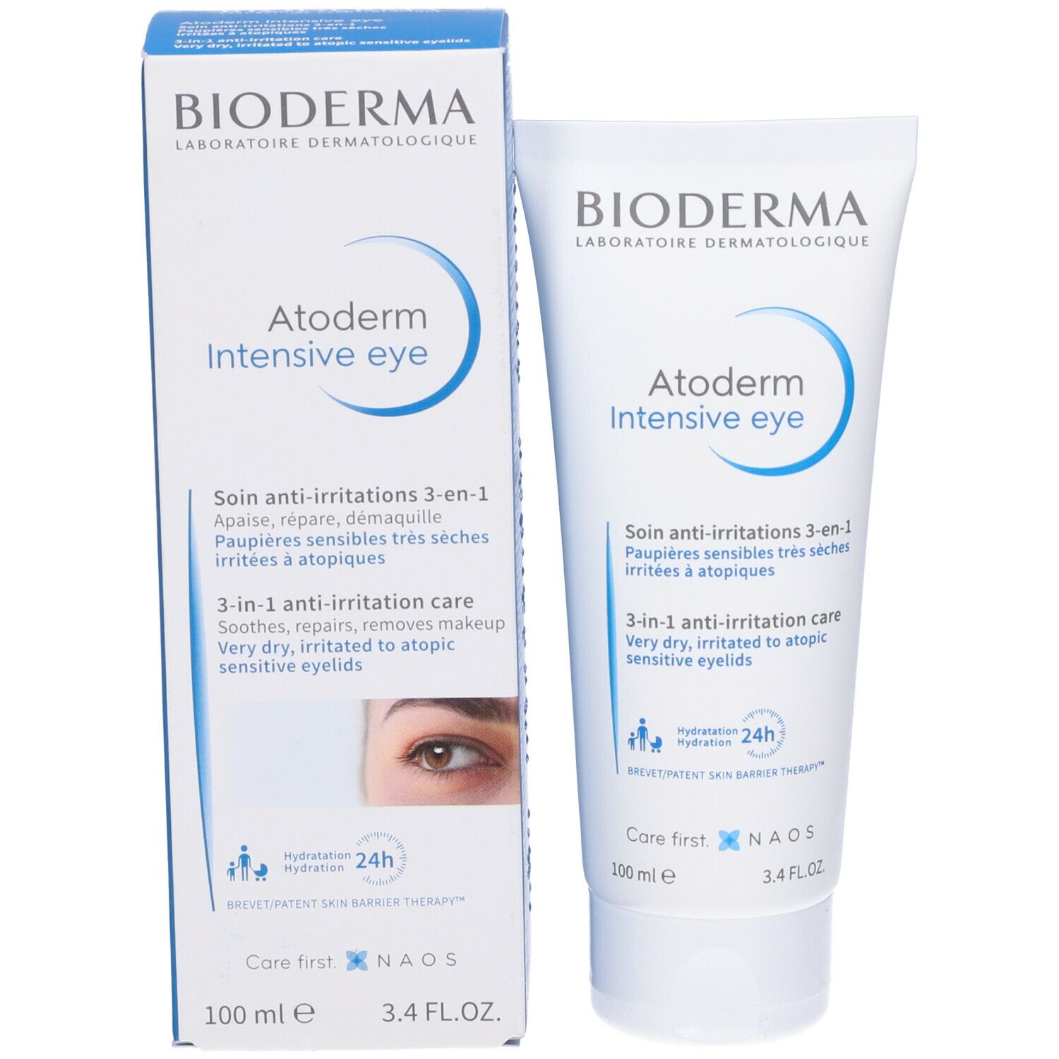 Tubo e scatola BIODERMA Atoderm Intensive eye. Scritta e grafica blu. Trattamento 3-in-1 per palpebre sensibili.