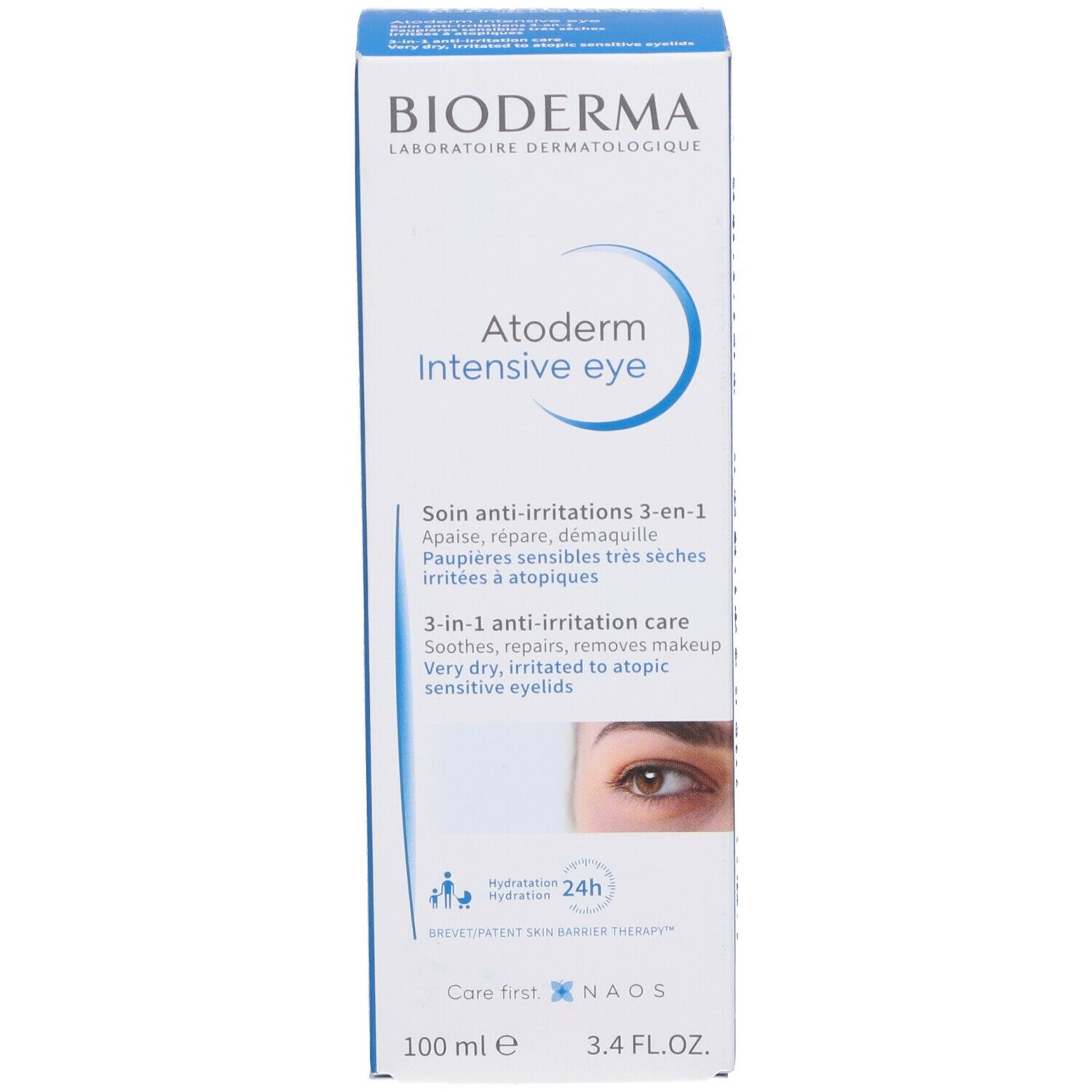 Scatola BIODERMA Atoderm Intensive eye. Scritta e grafica blu. Trattamento 3-in-1. 100 ml.
