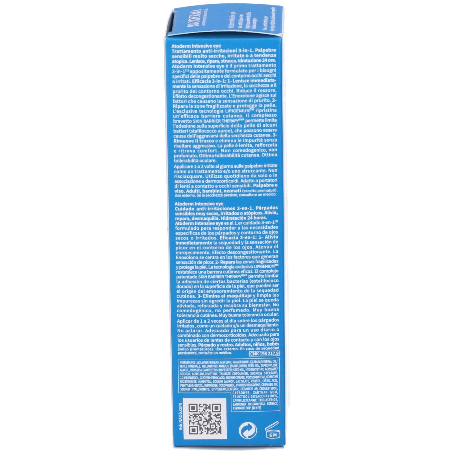Scatola blu BIODERMA Atoderm Intensive eye. Testo multilingue. Informazioni e ingredienti.
