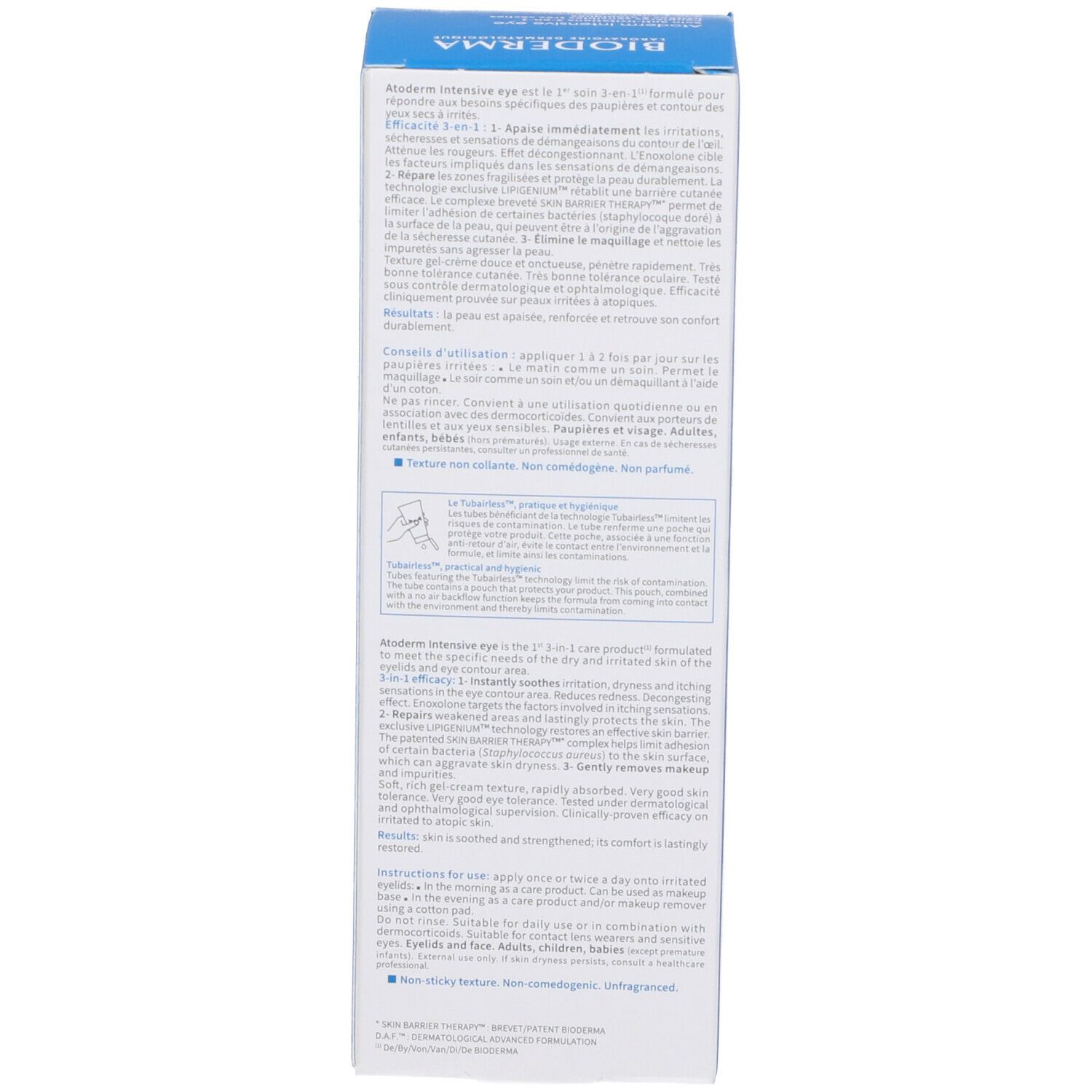 Scatola blu BIODERMA Atoderm Intensive eye. Testo multilingue. Informazioni e ingredienti.