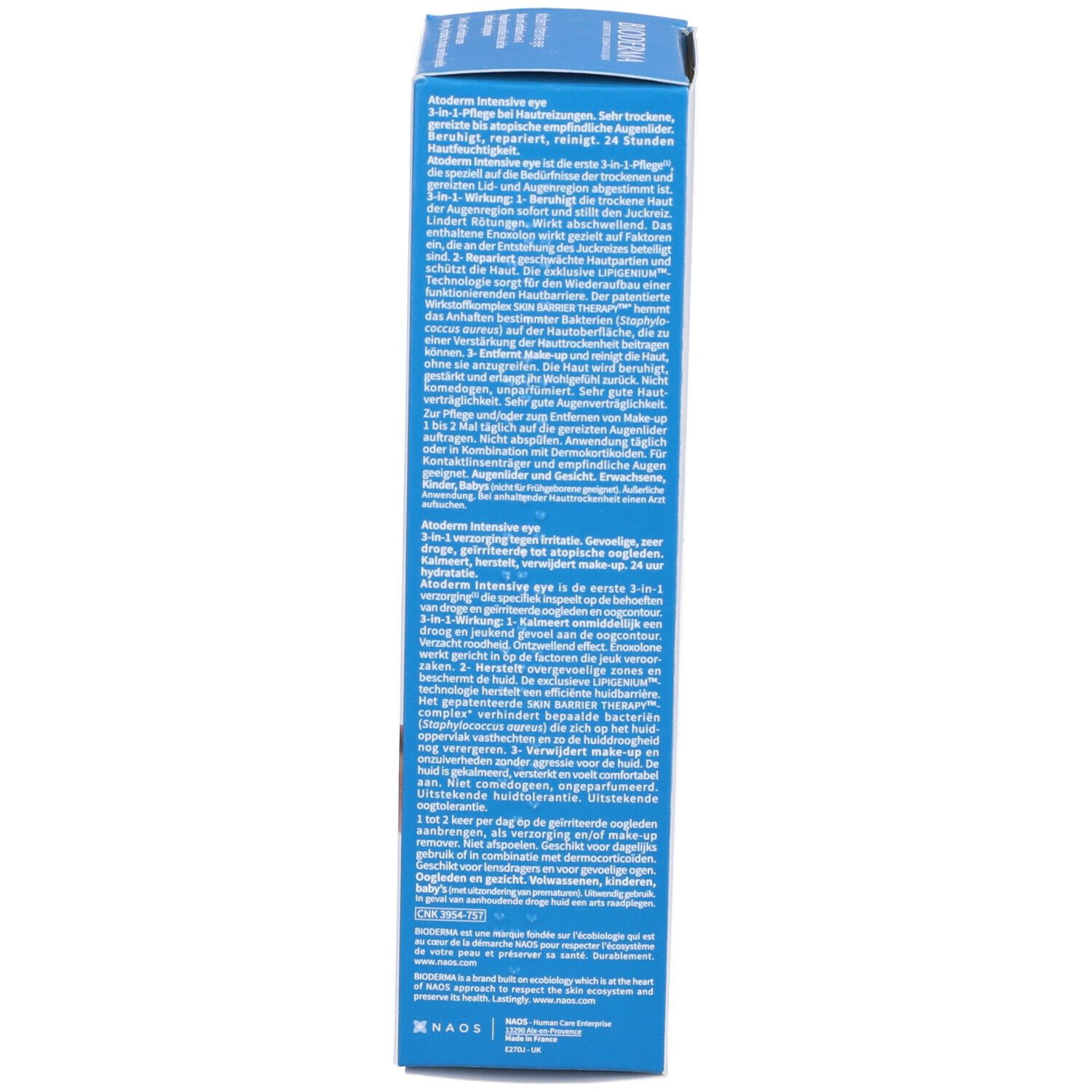 Scatola blu BIODERMA Atoderm Intensive eye. Testo multilingue. Informazioni e ingredienti.