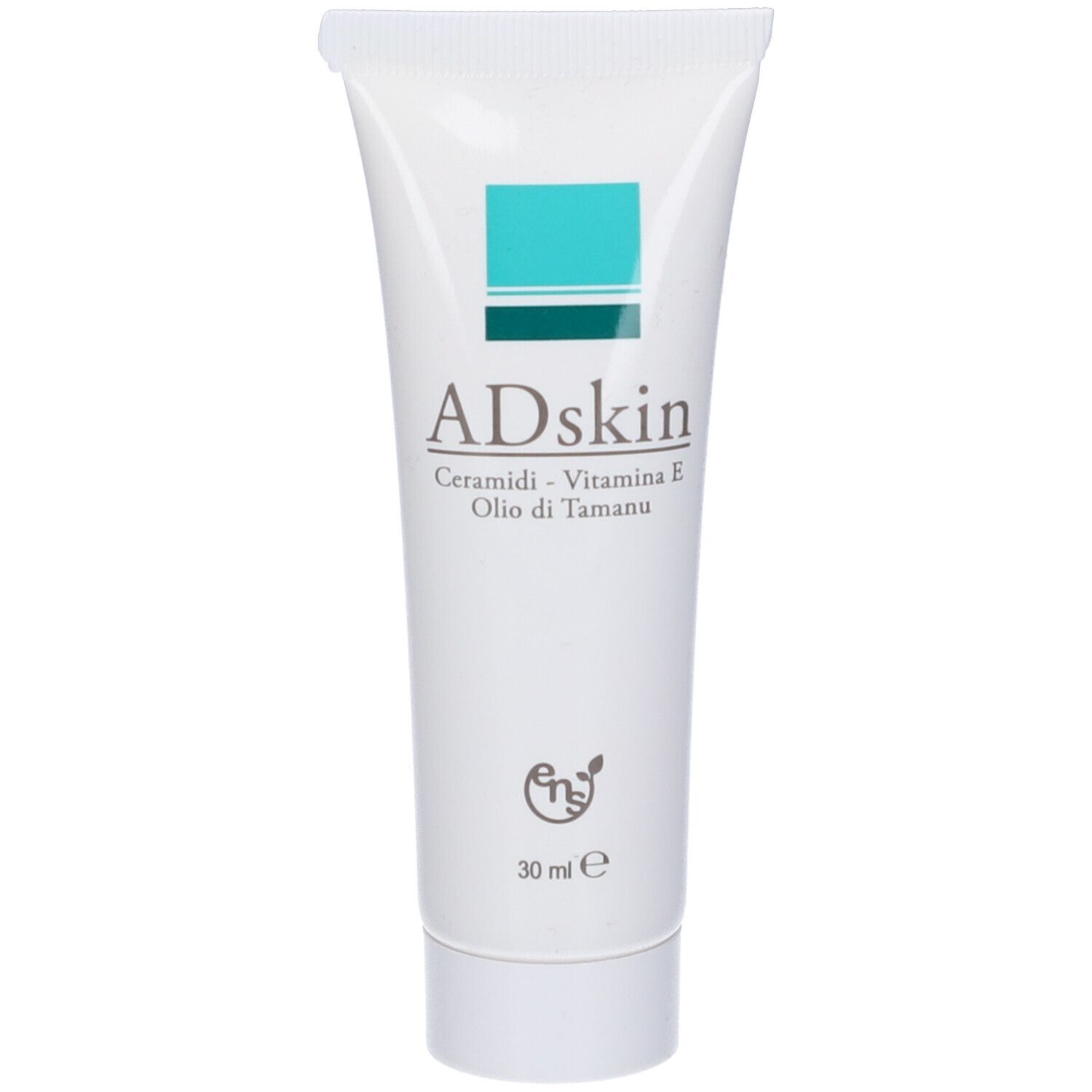 Tubo bianco con scritto: ADskin, Ceramidi, Vitamina E, Olio di Tamanu. 30 ml. Quadrato verde.
