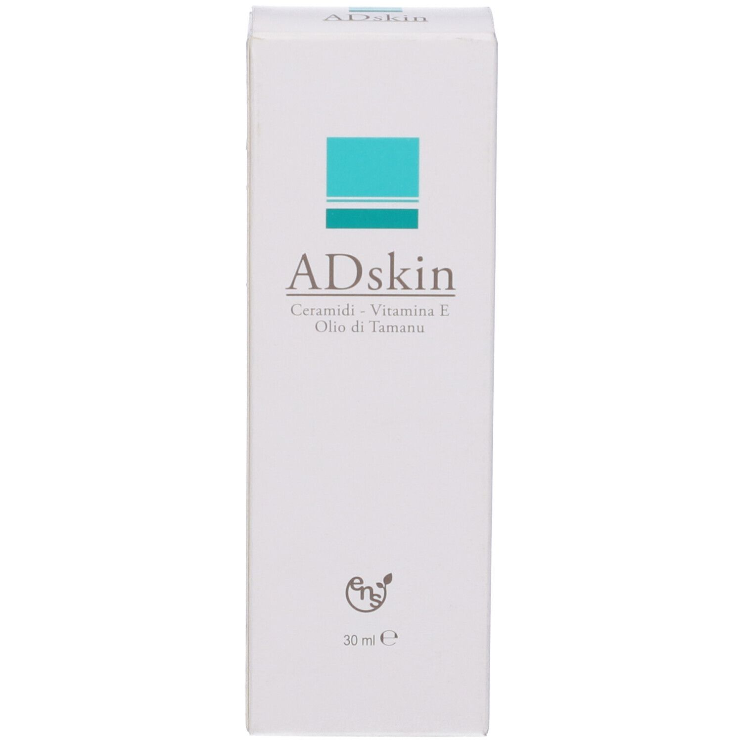 Scatola bianca con scritto: ADskin, Ceramidi, Vitamina E, Olio di Tamanu. 30 ml. Quadrato verde.