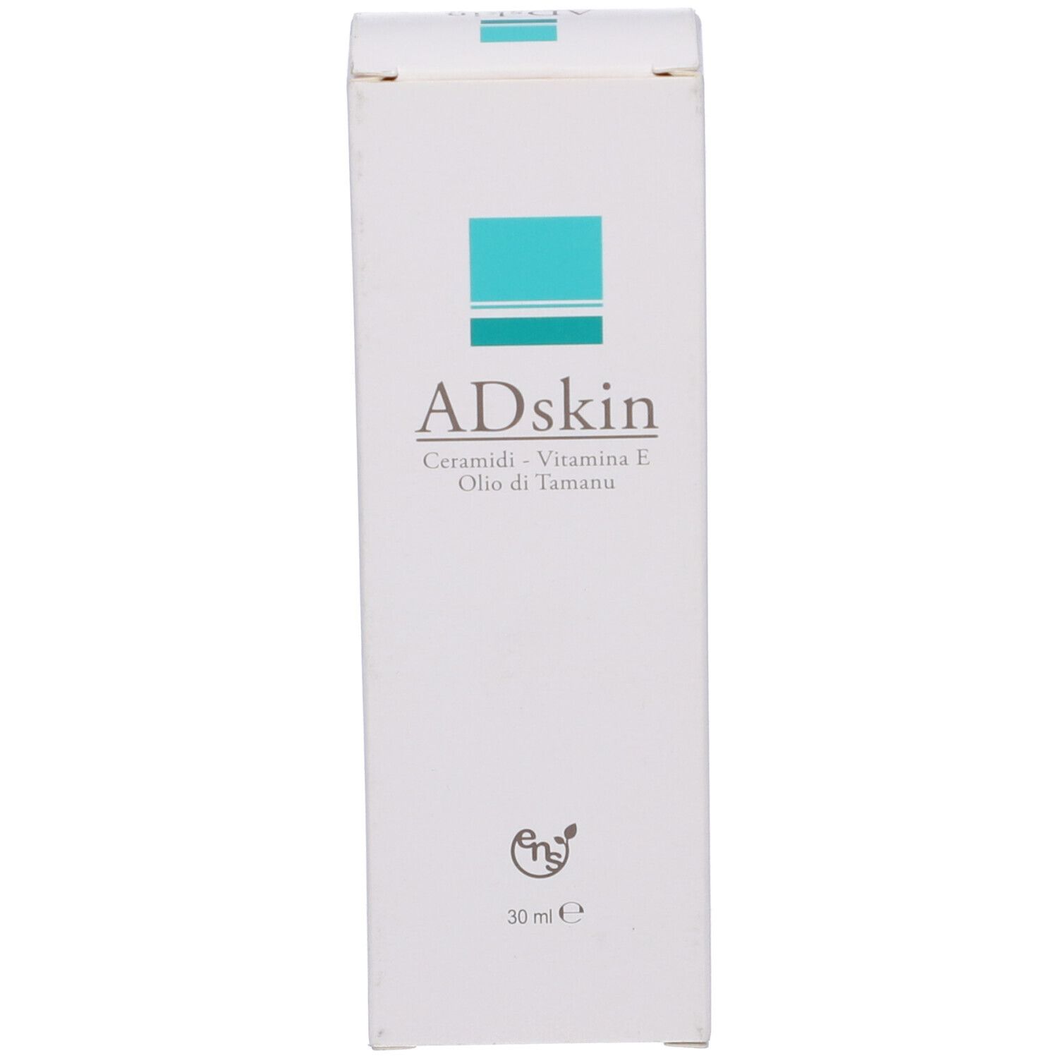 Scatola bianca con scritto: ADskin, Ceramidi, Vitamina E, Olio di Tamanu. 30 ml. Quadrato verde.