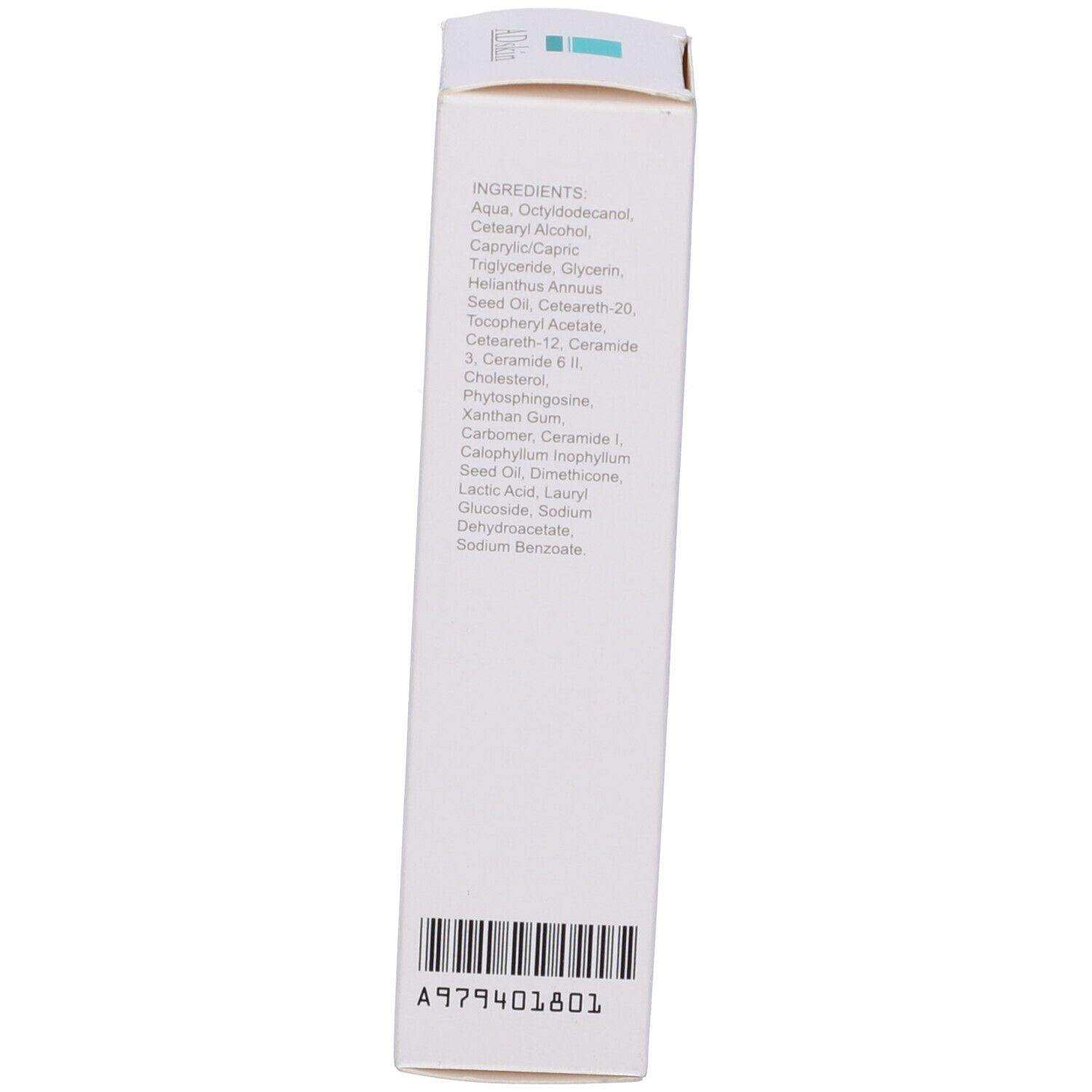 Lato della scatola. Ingredienti, codice a barre. Scritto: ADskin. 30 ml. Prodotto a Firenze.
