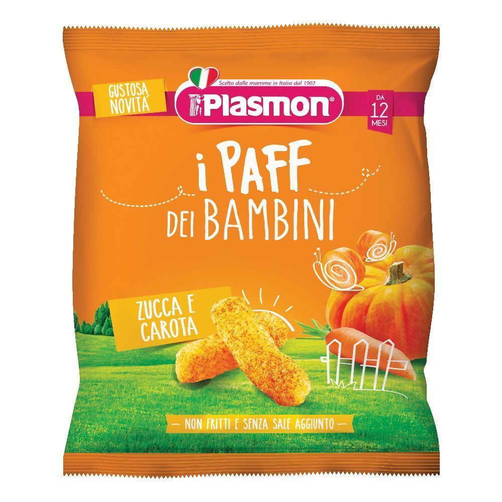 Confezione di Plasmon i Paff, 'Zucca e Carota'. Sfondo arancione con immagine del prodotto e logo. Ingredienti e informazioni nutrizionali.