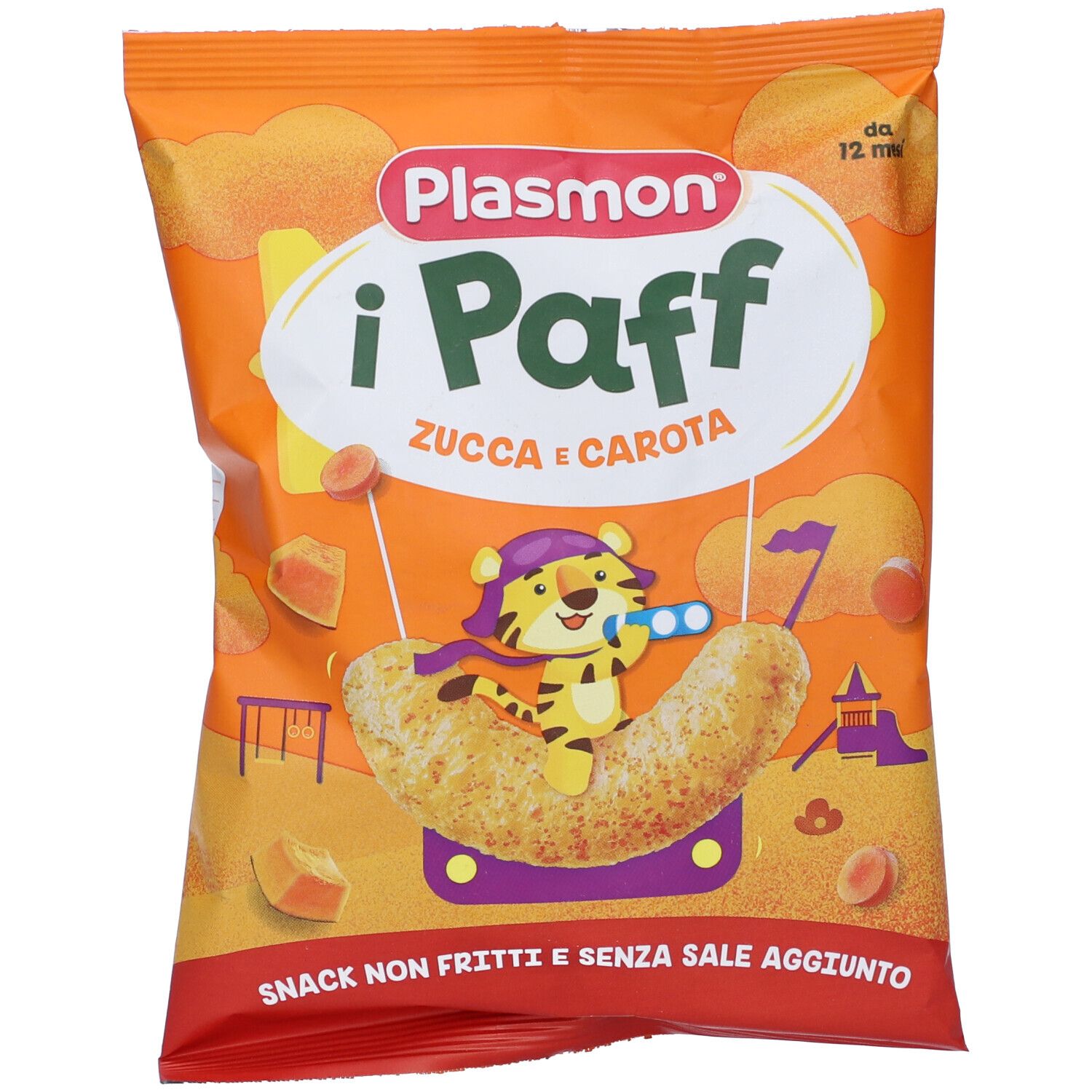 Confezione di Plasmon i Paff, 'Zucca e Carota'. Illustrazione di una tigre in mongolfiera a forma di snack. Sfondo arancione.