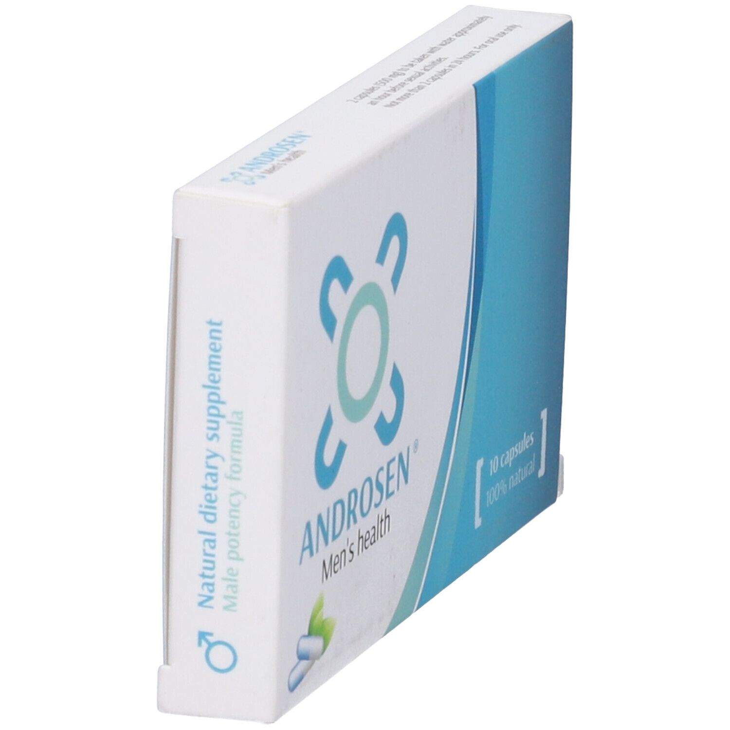 Scatola Androsen, bianca e blu. Logo, scritta 'Men's health'. 10 capsule, 100% naturali.