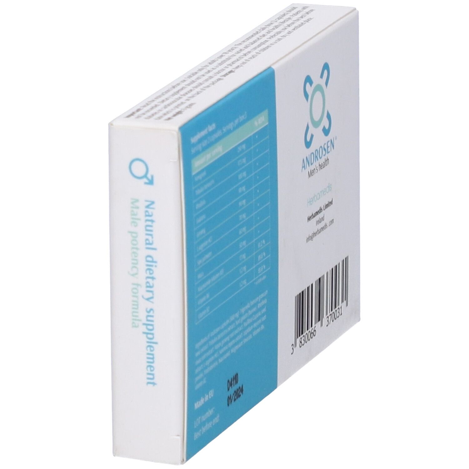 Scatola Androsen. Lato con testo: 'Natural dietary supplement'. Numero di lotto e scadenza.