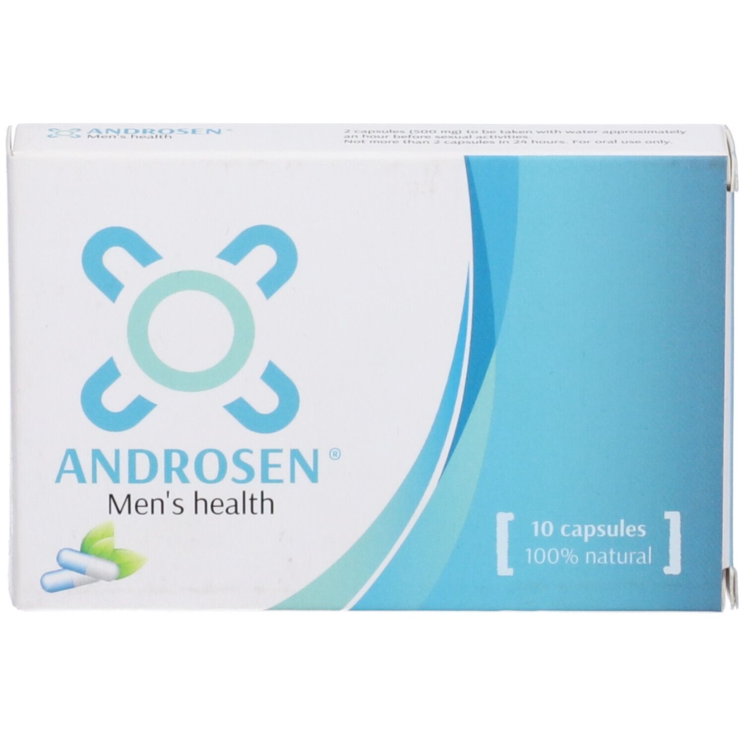 Scatola Androsen, bianca e blu. Logo, scritta 'Men's health'. 10 capsule, 100% naturali.