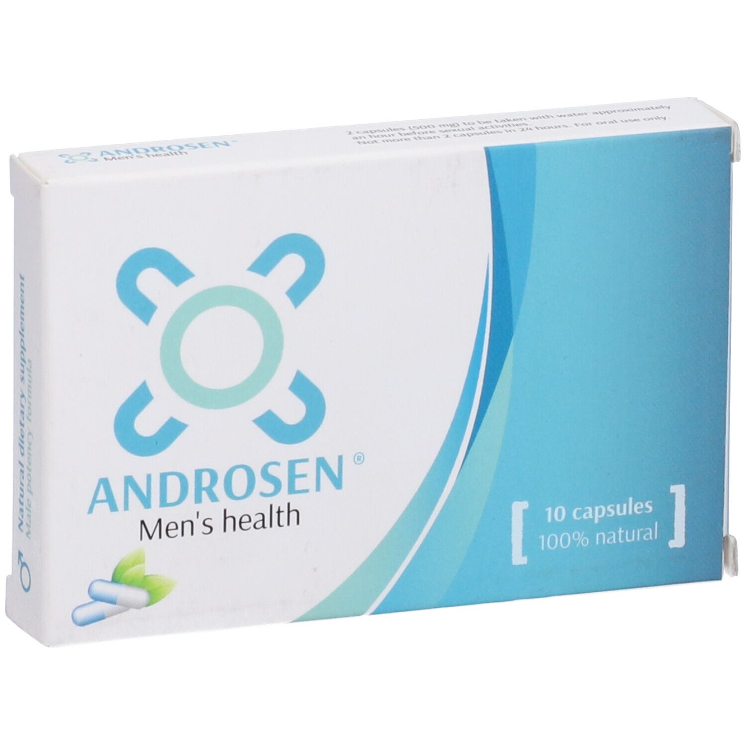 Scatola Androsen, bianca e blu. Logo, scritta 'Men's health'. 10 capsule, 100% naturali.