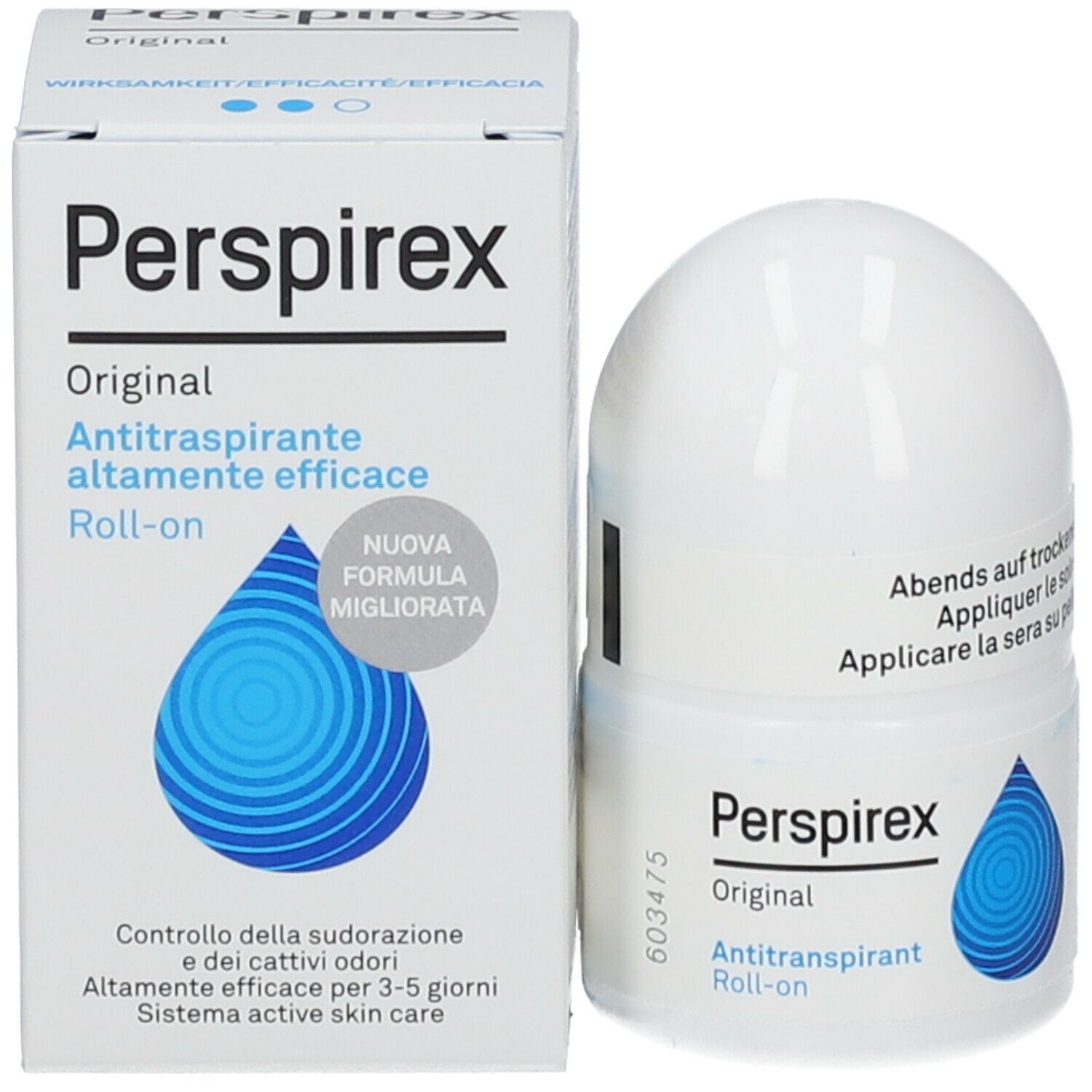 Perspirex Original Roll-on e confezione. Roll-on bianco con logo a goccia blu. Confezione con informazioni sul prodotto.