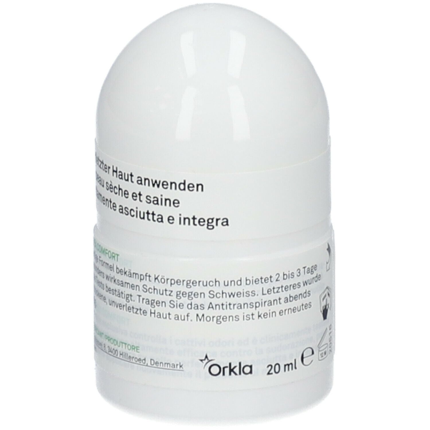 Roll-on antitraspirante bianco. Scritta: Perspirex Comfort, Antitraspirante Roll-on. 20 ml. Logo Orkla.