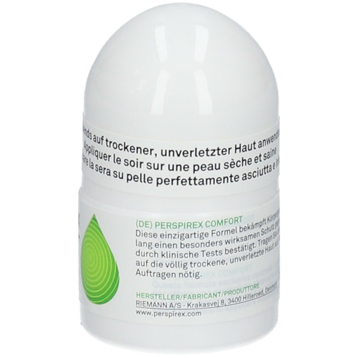 Roll-on antitraspirante bianco. Scritta: Perspirex Comfort, Antitraspirante Roll-on. Logo a goccia verde.