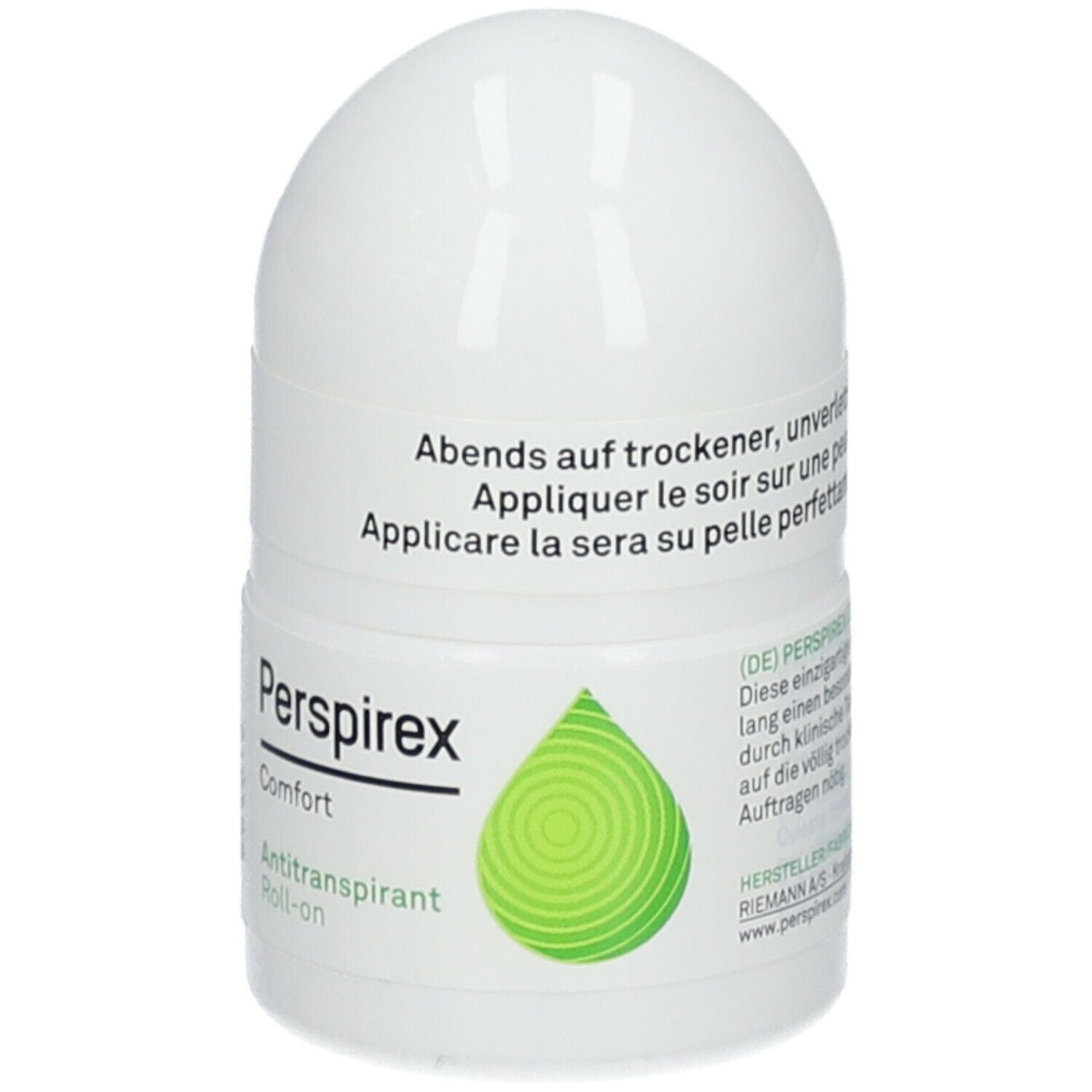 Roll-on antitraspirante bianco. Scritta: Perspirex Comfort, Antitraspirante Roll-on. Logo a goccia verde.