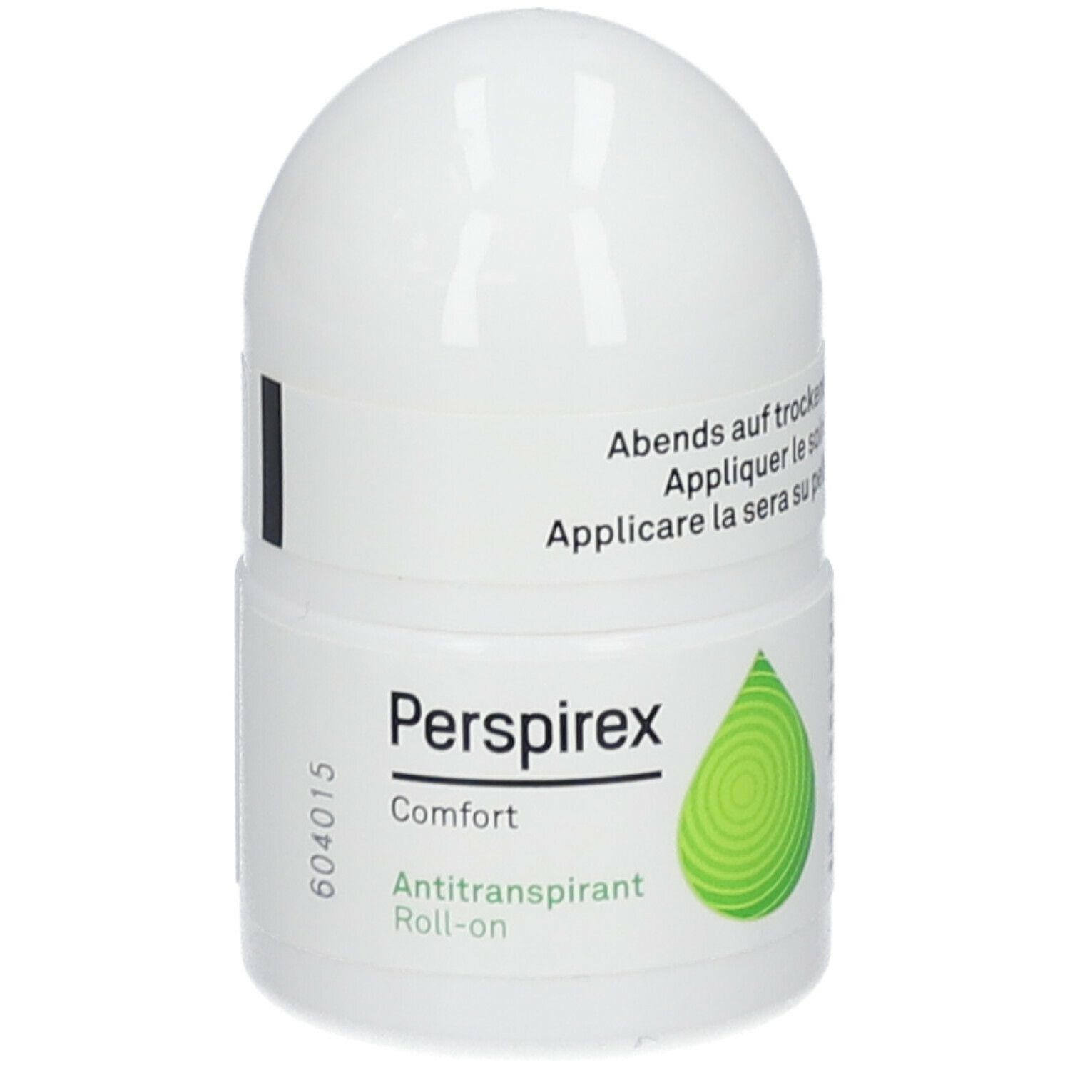 Roll-on antitraspirante bianco. Scritta: Perspirex Comfort, Antitraspirante Roll-on. Logo a goccia verde.