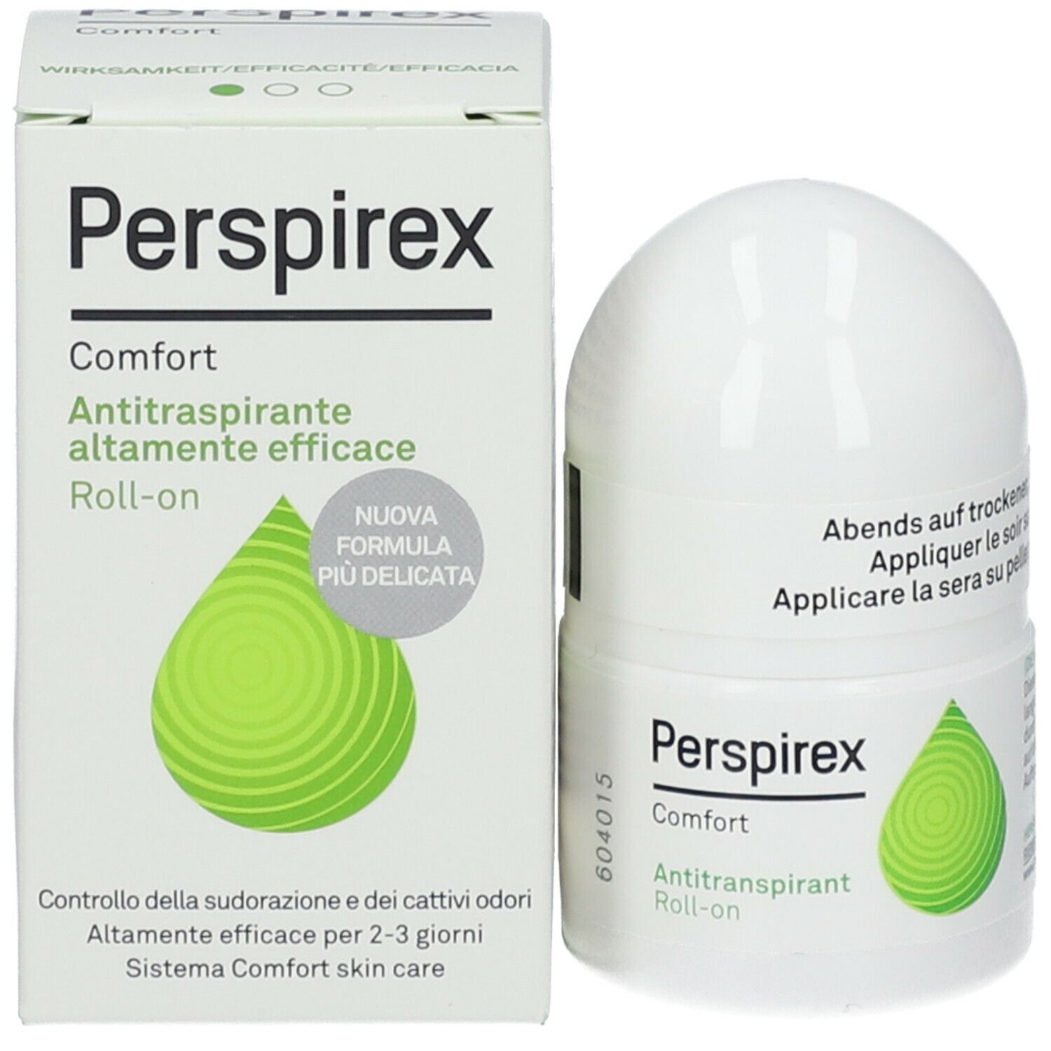 Perspirex Comfort Roll-on antitraspirante e confezione. Confezione con nome del prodotto, logo e goccia verde.