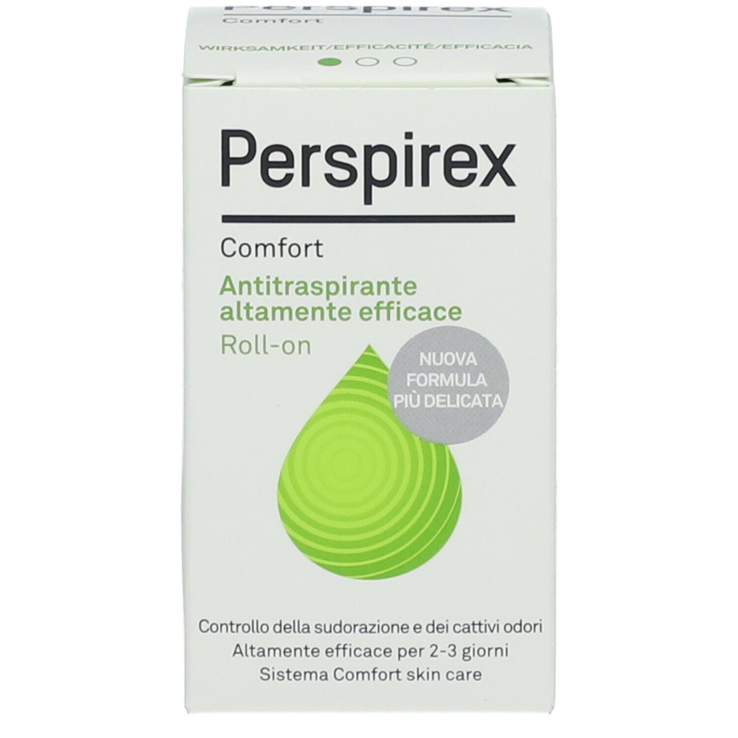 Confezione di Perspirex Comfort Roll-on antitraspirante. Nome del prodotto, logo e goccia verde.