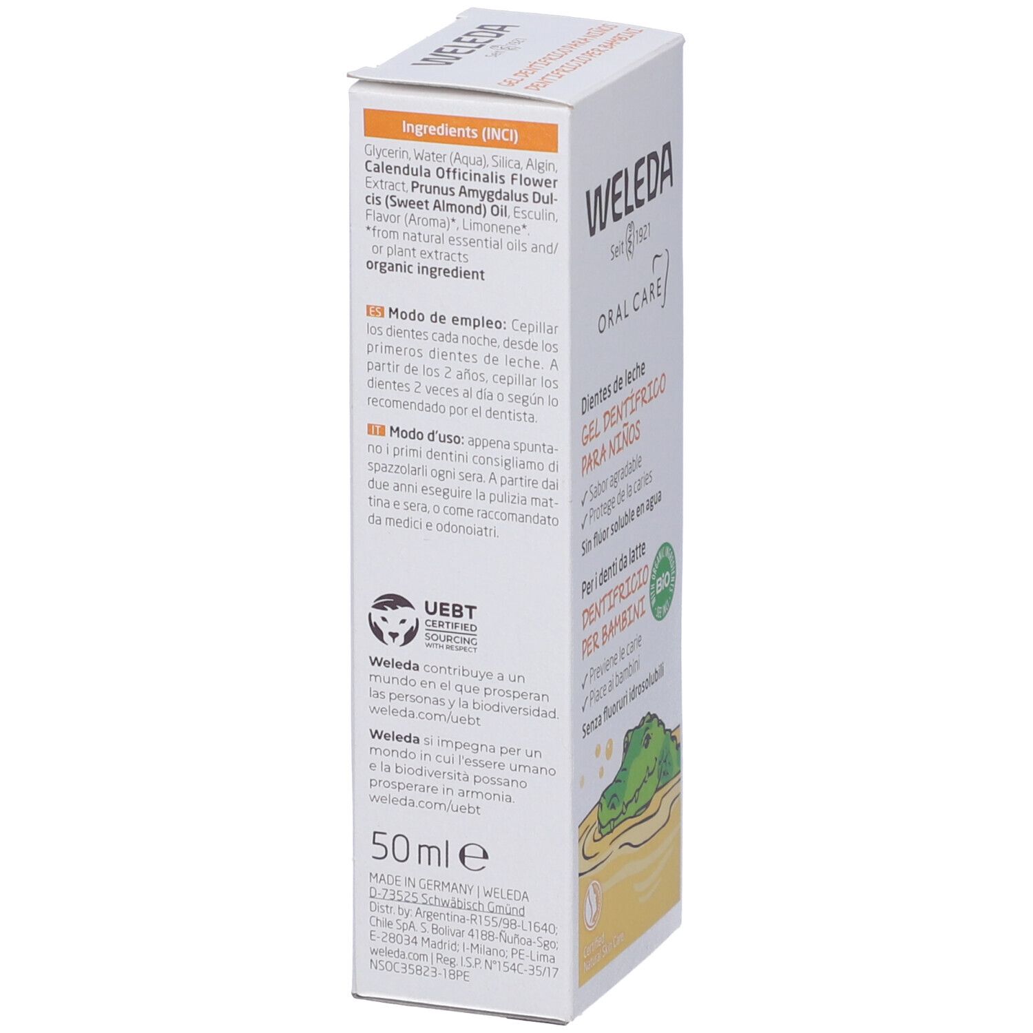 Retro della confezione del gel dentifricio Weleda. Elenco ingredienti, istruzioni per l'uso. Testo: "Oral Care", "Gel dentifrico para niños". Certificazione bio.