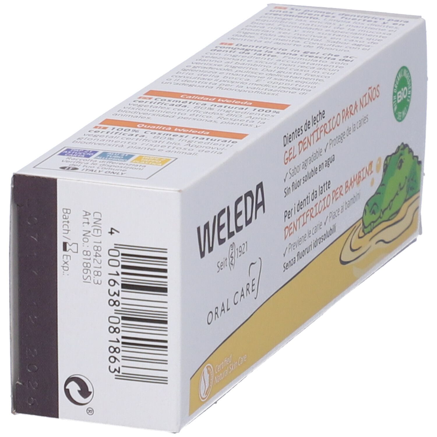 Vista obliqua della confezione del gel dentifricio Weleda. Testo: "Oral Care", "Gel dentifrico para niños". Certificazione bio. Codice a barre e numero di lotto.