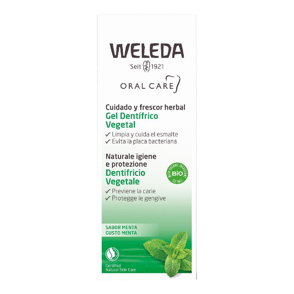 Confezione dentifricio Weleda. Bianco, verde. Testo: Gel Dentifricio Vegetale, logo bio, immagine menta.