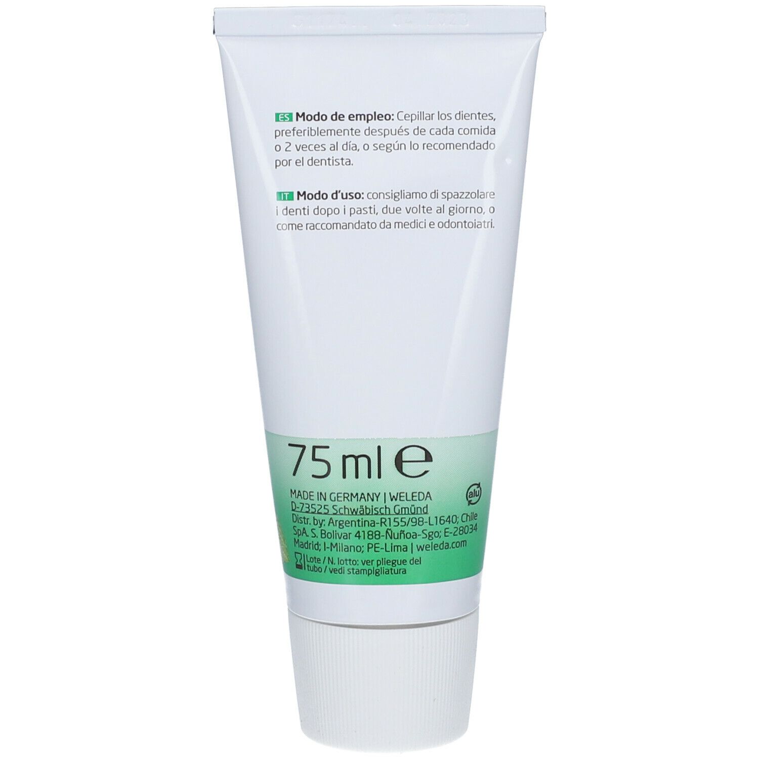 Retro del tubetto di dentifricio Weleda. Testo: 75 ml, istruzioni per l'uso multilingue.