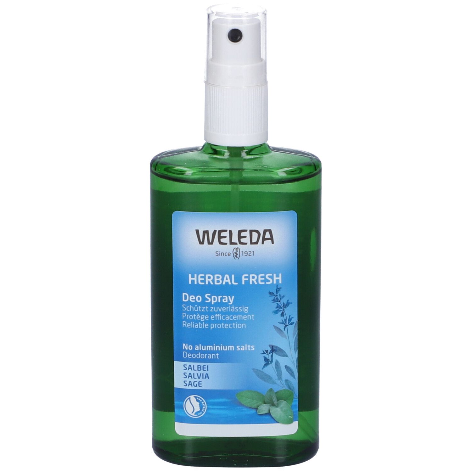 Flacone di vetro verde con vaporizzatore bianco. Etichetta con nome del prodotto, marchio WELEDA e ingredienti. Deodorante alla salvia.