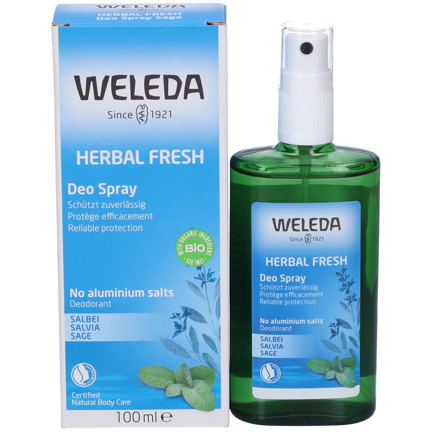 Confezione e flacone. Confezione blu con nome del prodotto, marchio WELEDA e ingredienti. Deodorante alla salvia.