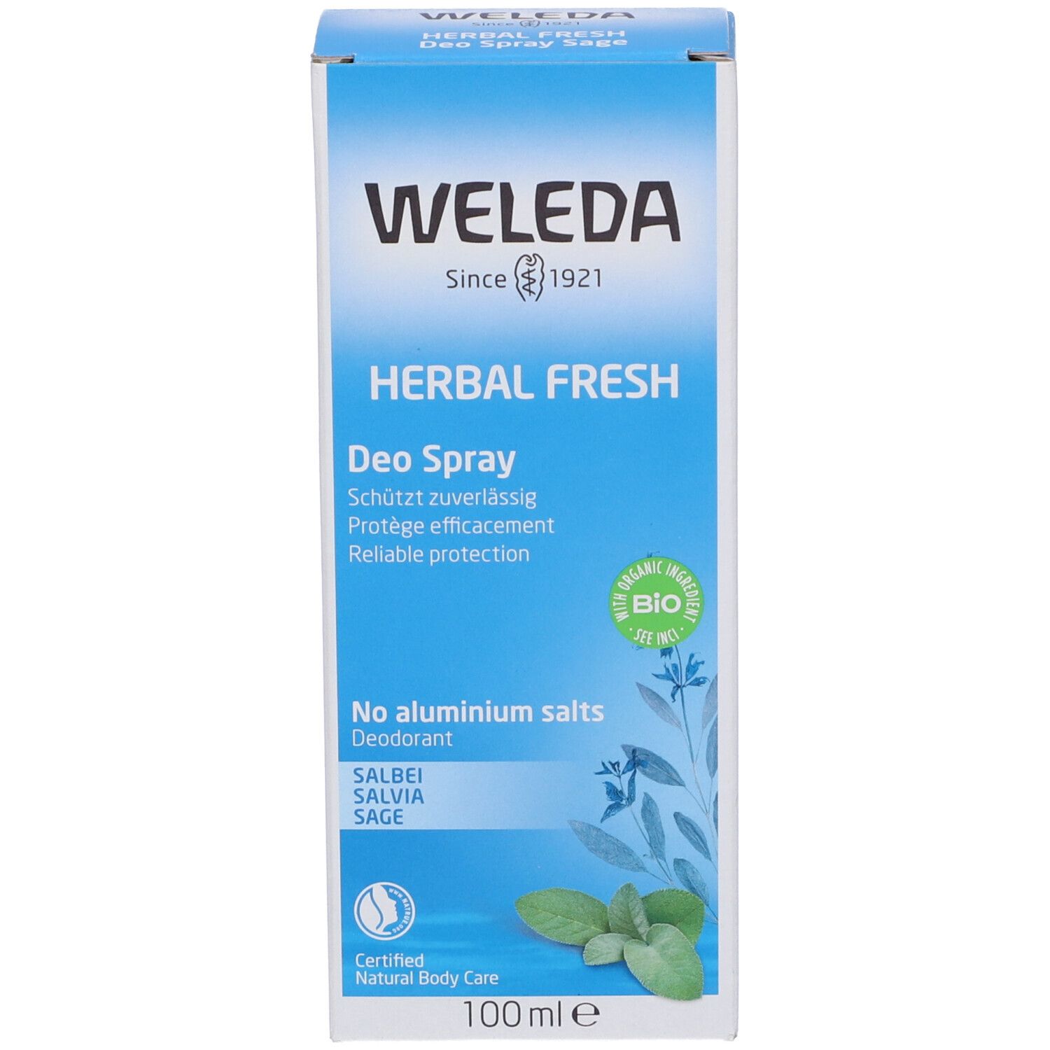 Confezione blu. Contiene il nome del prodotto, il marchio WELEDA e gli ingredienti. Deodorante alla salvia. Con sigillo bio.