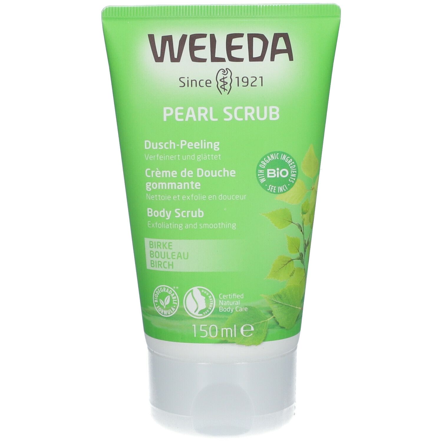 Tubo verde con tappo bianco. Scritta: WELEDA, Pearl Scrub, Crema Doccia gommante, Body Scrub. 150ml. Sigillo bio.
