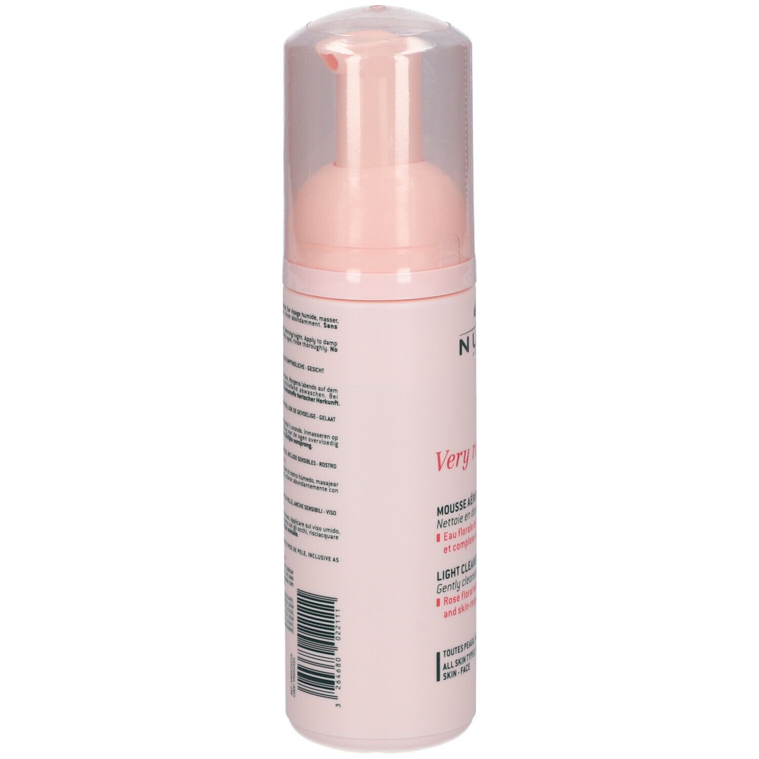 Retro del flacone rosa. Testo multilingue. Codice a barre in basso.
