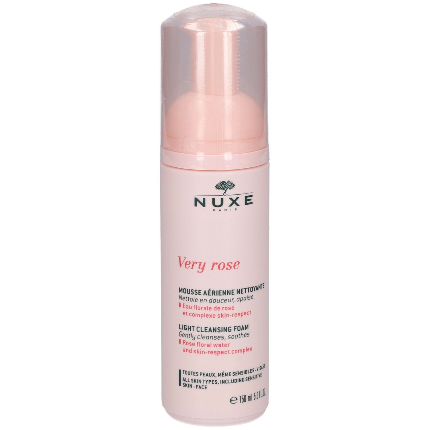 Flacone rosa con dosatore a pompa. Scritte: Nuxe, Very Rose, Mousse Aérienne Nettoyante. Contiene 150 ml.